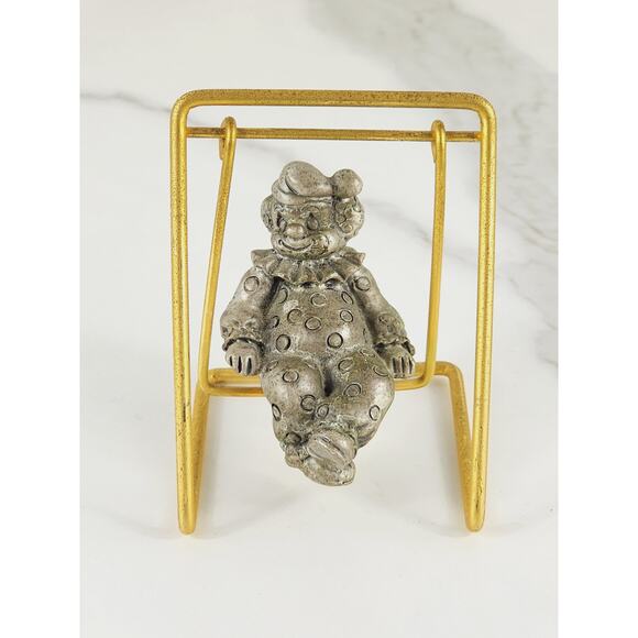 Mini Pewter Clown On Brass Swing 3 1/4" Figurine 90's George Good Home Decor Vtg - Picture 1 of 14